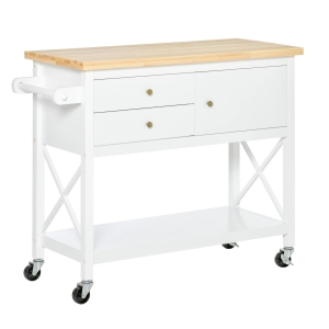 HOMCOM Carrinho de Cozinha com Rodas Aparador Multifuncional com Armário 2 Gavetas Prateleira e Barra para Panos 108x45x89cm Branco