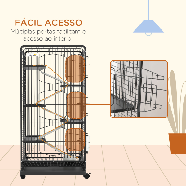 PawHut Gaiola para Pequenos Animais com 6 Níveis Gaiola para Roedores com Rodas Rampa e Bandeja Amovível  64x43,5x131 cm Preto - Image 7