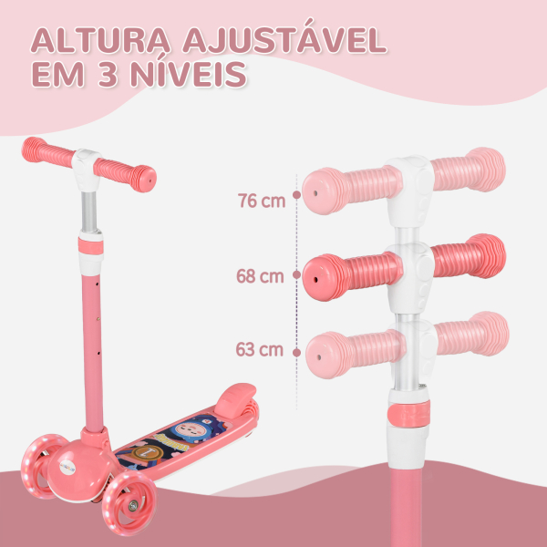 AIYAPLAY Trotinete para Crianças Trotinete com 3 Rodas LED Altura Ajustável Carga 25 kg 52x29x63-76 cm Rosa - Image 4