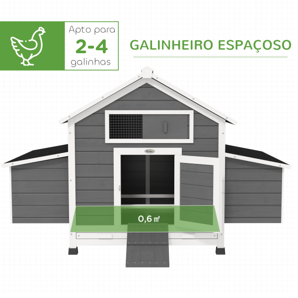 PawHut Galinheiro para Exterior 150x100x96,5 cm Galinheiro de Madeira com 2 Ninhos Bandeja Amovível Cinza e Branco - Image 4