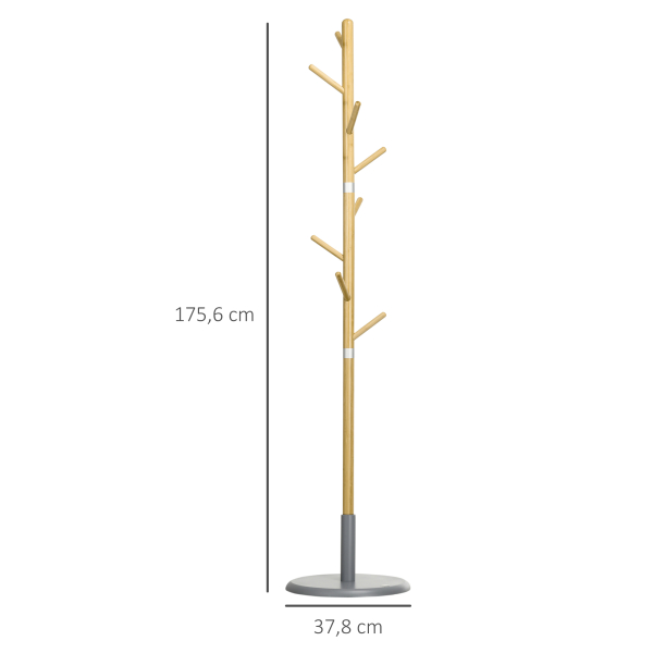 HOMCOM Cabide de Pé de Bambu Moderno com 8 Ganchos para Roupas Bolsas  Ø37,8x175,6 cm Madeira e Cinza - Image 3