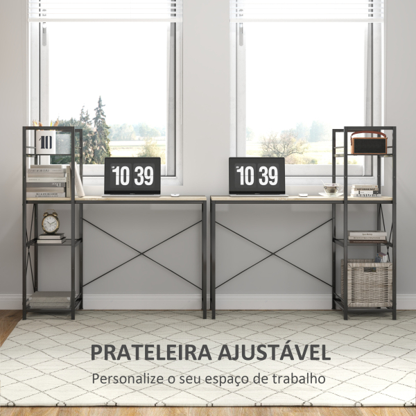 HOMCOM Secretária com Prateleira Reversível Estilo Industrial com Estrutura em Aço para Escritório 110x53x115,5 cm Carvalho e Preto - Image 4