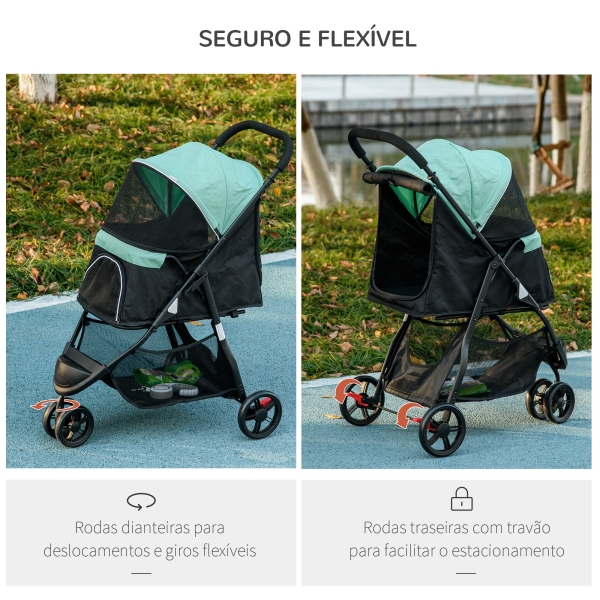 PawHut Carrinho para Cães Dobrável para Cães Pequenos com Cesta de Armazenamento Janela de Malha Capa para Chuva 80,5x51,5x100 cm Verde - Image 6
