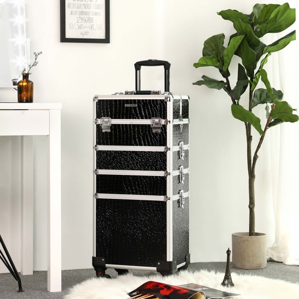 Estojo de maquiagem profissional 4 em 1 SONGMICS, carrinho de beleza para viagem, carrinho de cosméticos para cabeleireiros, armazenamento de maquiagem com trava e rodízios, preto, JHZ06B - Image 3