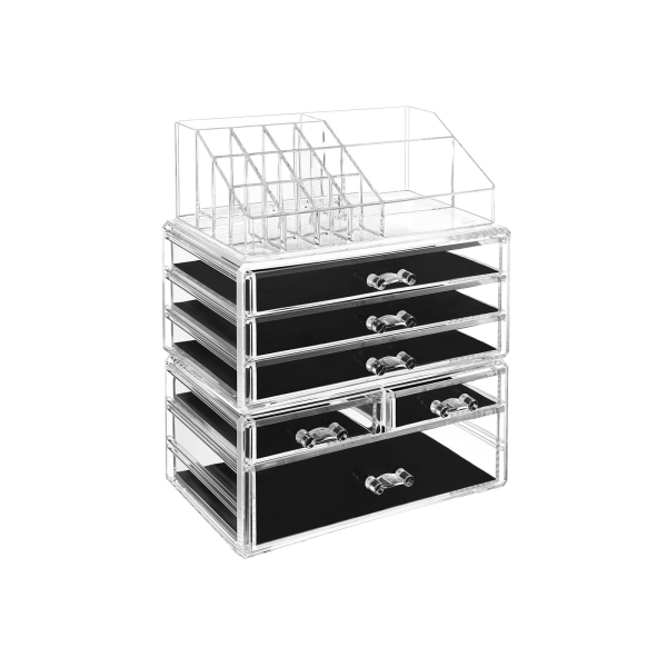 Organizador grande de maquiagem em acrílico transparente SONGMICS, caixa de cosméticos empilhável, com 6 gavetas, para paleta, pincel, base, batom, esmalte e grampos de cabelo, ótimo presente para entes queridos JKA009TP - Image 2