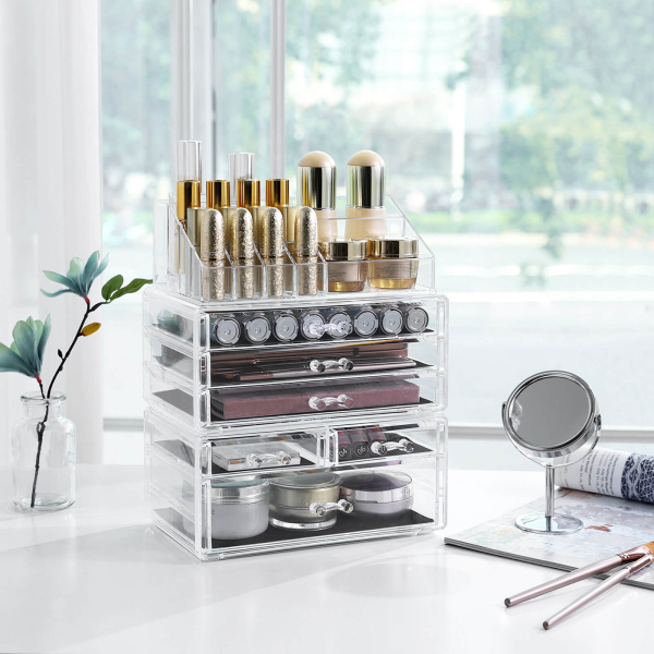 Organizador grande de maquiagem em acrílico transparente SONGMICS, caixa de cosméticos empilhável, com 6 gavetas, para paleta, pincel, base, batom, esmalte e grampos de cabelo, ótimo presente para entes queridos JKA009TP - Image 3