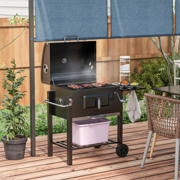 Outsunny Barbecue a Carvão com Rodas Tampa Grelhas de Aço Inoxidável Termômetro Bandeja Lateral e Prateleira 113x65x108 cm Preto - Image 2