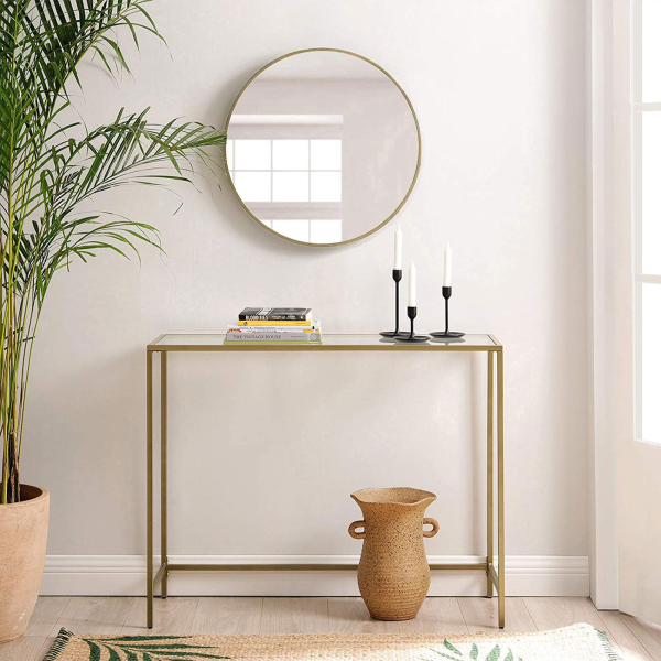 Mesa de console VASAGLE, mesa de vidro temperado, sofá moderno ou mesa de entrada, estrutura de metal, resistente, pés ajustáveis, para sala de estar, corredor, dourada LGT26G - Image 3