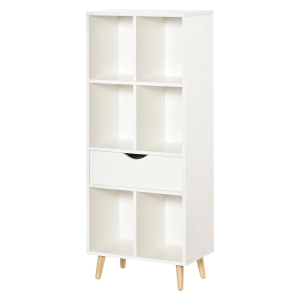 HOMCOM Estante para Livros com 6 Compartimentos Abertos 1 Gaveta e Pés de Madeira para Armazenamento de Brinquedos CDs Plantas 50x29,5x120cm Branco