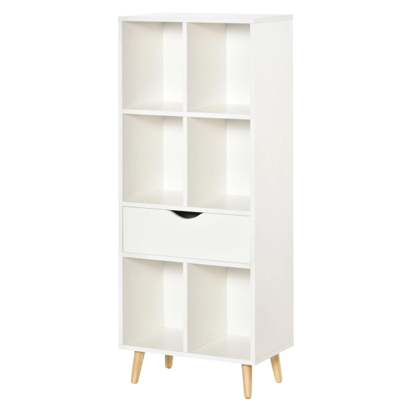 HOMCOM Estante para Livros com 6 Compartimentos Abertos 1 Gaveta e Pés de Madeira para Armazenamento de Brinquedos CDs Plantas 50x29,5x120cm Branco