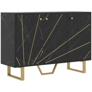 HOMCOM Aparador de Sala de Estar com 2 Armários e Prateleira Interior Ajustável com Efeito Mármore 107x35x75 cm Preto e Dourado