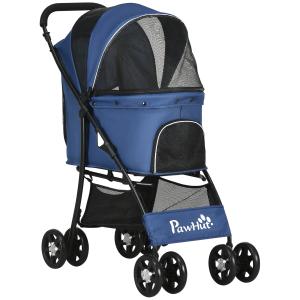 PawHut Carrinho para Cães Dobrável para Cães Pequenos com Cesta de Armazenamento Capota Ajustável Janela de Malha 81x48x99 cm Azul