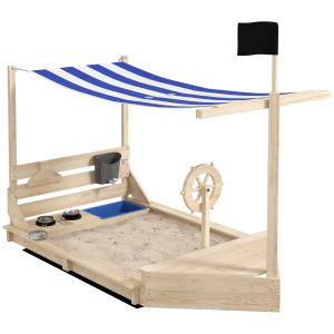Outsunny Caixa de Areia para Crianças de Madeira com Toldo Brinquedos de Cozinha e Forma de Barco para Jardim 180x103x144,5 cm Natural