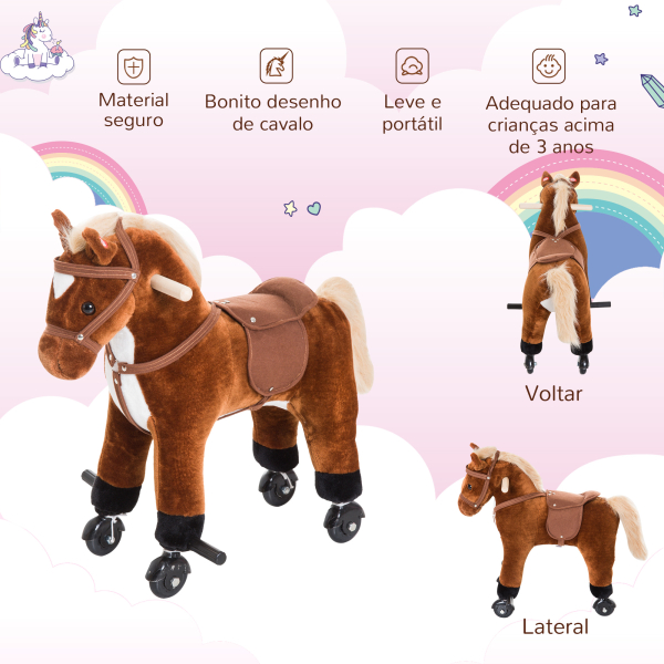 HOMCOM Cavalo para Crianças acima de 36 Meses com Rodas Sons de Relincho e Pedais Carga 60 kg 55x23x60 cm Marrom - Image 5