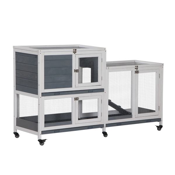 PawHut Coelheira de Madeira com Rodas 147x45,5x88,5cm Gaiola para Coelhos de 2 Níveis com Teto Abatível 2 Cercados de Metal 3 Bandejas Removíveis 3 Portas com Trava e Rampa Cinza - Image 9