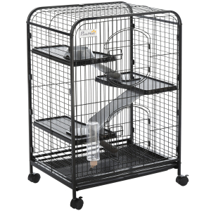 PawHut Gaiola para Roedores com Rodas 2 Portas 3 Plataformas Bandeja Amovível Comedouro e Bebedouro 64x43,5x93cm Preto