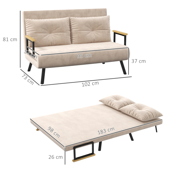 HOMCOM Sofá Cama Sofá Convertível em Cama de 2 Lugares Dobrável com Encosto Ajustável em 5 Níveis e 2 Almofadas 102x73x81 cm Bege - Image 3