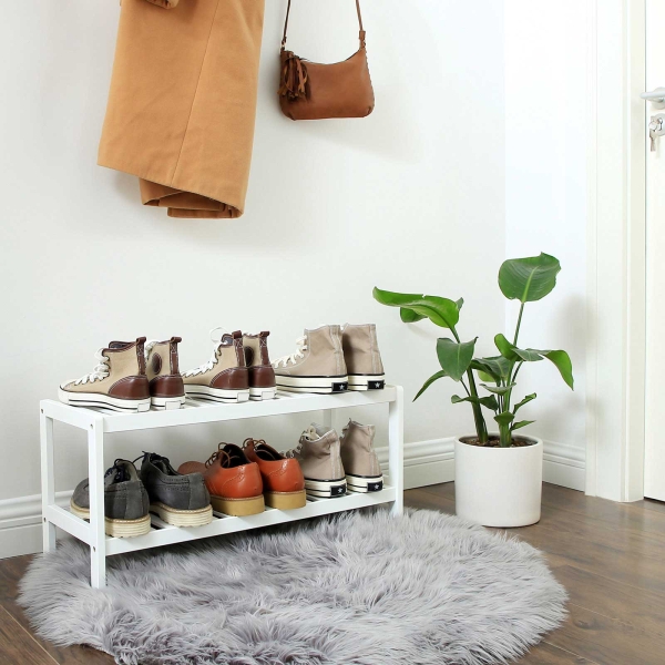 SONGMICS Sapateira de bambu natural de 2 níveis, prateleira para sapatos, plantas e livros, para sala de estar, corredor, quarto e banheiro, 70 x 26 x 33 cm, branco LBS02WT - Image 3
