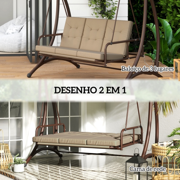 Outsunny Baloiço de Jardim Exterior de 3 Lugares Convertível em Cama com Toldo Ajustável Proteção UPF30+ 200x120x175 cm Caqui - Image 4