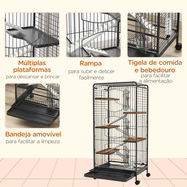 PawHut Gaiola para Pequenos Animais com 6 Níveis Gaiola para Roedores com Rodas Rampa e Bandeja Amovível  64x43,5x131 cm Preto - Image 6