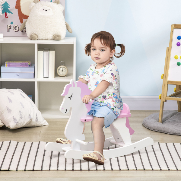 HOMCOM Cavalo Baloiço para Crianças de 1-3 Anos Cavalo Baloiço de Madeira com Guiador e Apoio para os Pés 68x27x46,5cm Branco e Rosa - Image 2
