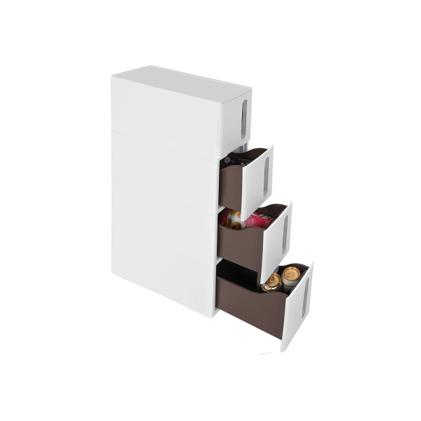 Gavetas de plástico SONGMICS, carrinho estreito com rodas, torre de armazenamento com 4 gavetas para banheiro e cozinha, economiza espaço, 45 x 17 x 83 cm, branco e marrom KFR08WT - Image 2