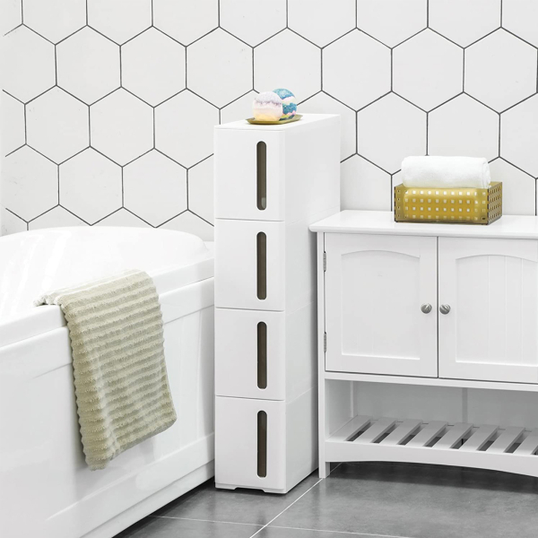 Gavetas de plástico SONGMICS, carrinho estreito com rodas, torre de armazenamento com 4 gavetas para banheiro e cozinha, economiza espaço, 45 x 17 x 83 cm, branco e marrom KFR08WT - Image 3