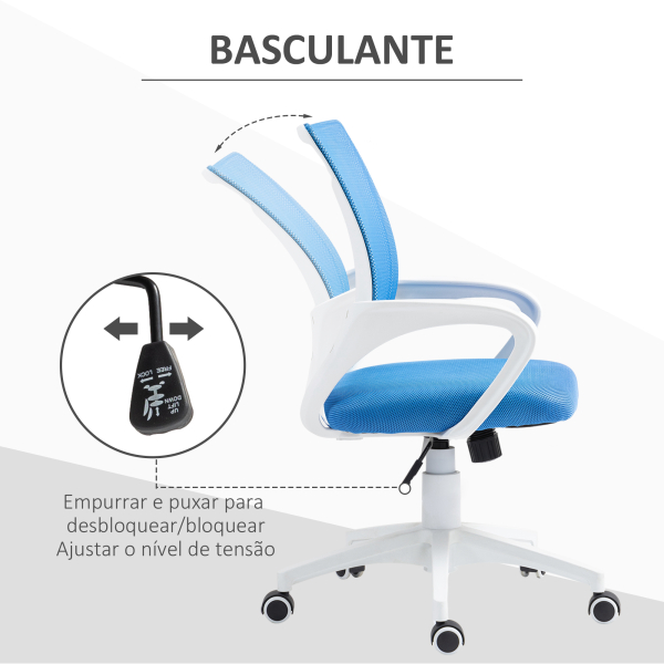 HOMCOM Cadeira de Escritório de Malha Giratória com Altura Ajustável Função Basculante e Apoio para os Braços 57x55x89-109 cm Azul - Image 5