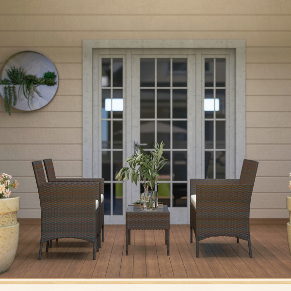 Outsunny Conjunto de Jardim em Vime com Almofadas Móveis de Exterior com 2 Poltronas Sofá de 2 Lugares Mesa com Vidro Marrom e Bege - Image 9
