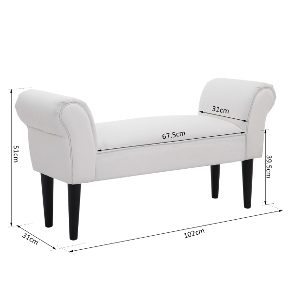 HOMCOM Banco de Pé de Cama Banco com Braços Curvados Estofado e Pés de Madeira Carga Máxima 130kg 102x31x51cm Branco - Image 3