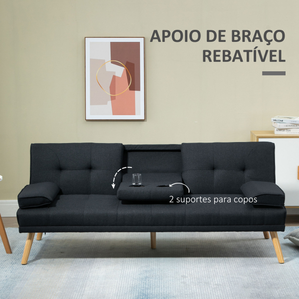 HOMCOM Sofá Cama 3 Lugares com Encosto Ajustável Apoio para os Braços Desmontável e 2 Suportes para Copos 181x77x78 cm Cinza - Image 7