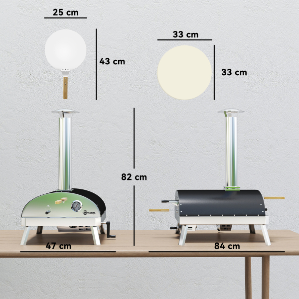 Outsunny Mini Forno de Pizza Exterior Portátil Forno a Lenha com Pedra Refratária Ø33 cm Termómetro e Bandeja Giratória 84x47x82 cm Prata - Image 3