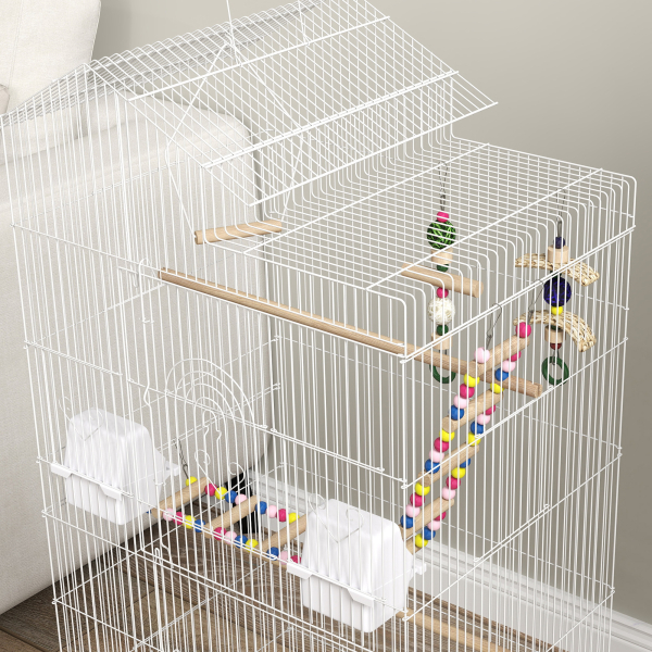 PawHut Gaiola para Passáros de Metal com Portas 4 Comedouros 3 Poleiros Baloiço Escadas e Bandeja Removível  46x36x100 cm Branco - Image 8