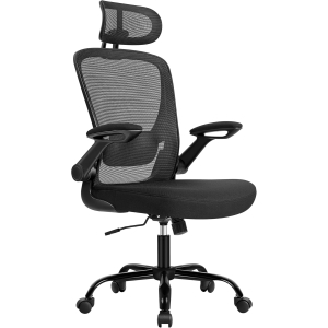Cadeira de escritório SONGMICS, cadeira ergonômica giratória com suporte lombar acolchoado em malha, assento de 53 cm, apoio de braços dobráveis, encosto de cabeça, cor preta OBN047B01