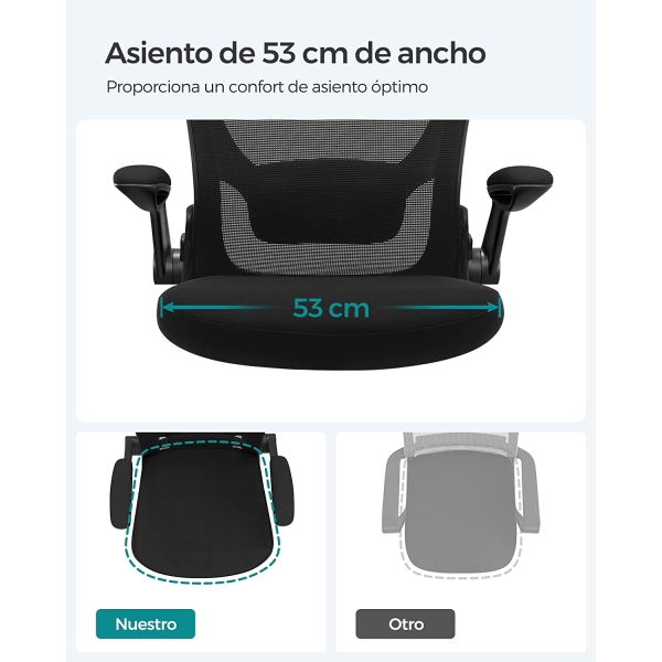 Cadeira de escritório SONGMICS, cadeira de mesa, cadeira giratória de malha, cadeira ergonômica para computador, suporte lombar, oscilante, assento de 53 cm, apoios de braços dobráveis, preta OBN37BKV1 - Image 2