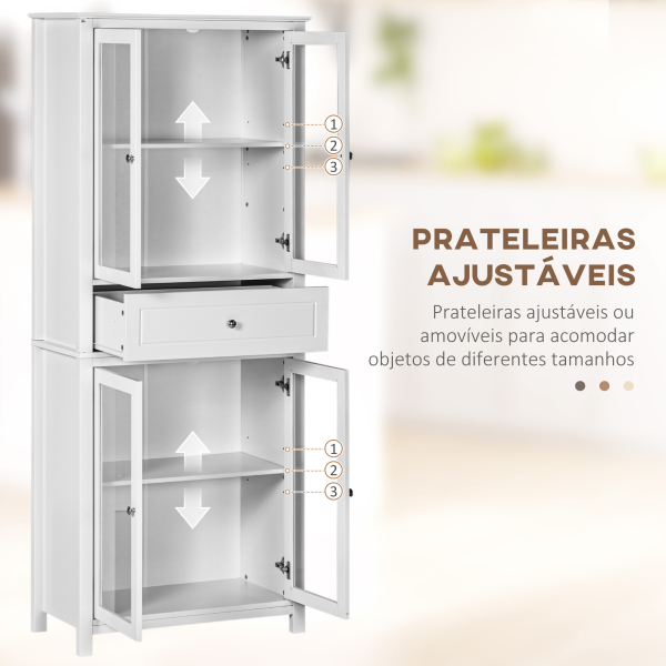 HOMCOM Armário de Cozinha com 4 Portas de Vidro Temperado Gaveta e Prateleiras Ajustáveis 74x35,5x181,5 cm Branco - Image 6