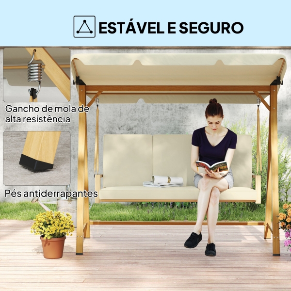 Outsunny Baloiço de Jardim de 3 Lugares com Toldo Ajustável Almofadas e Estrutura com Veios de Madeira 195x120x170 cm Madeira e Creme - Image 7
