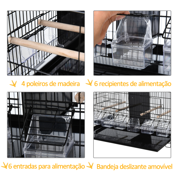 PawHut Gaiola para Pássaros com Divisória Ganchos Superiores Portas Comedouros Poleiros e Bandeja Amovível 59,5x26,5x39,5 cm Preto - Image 4
