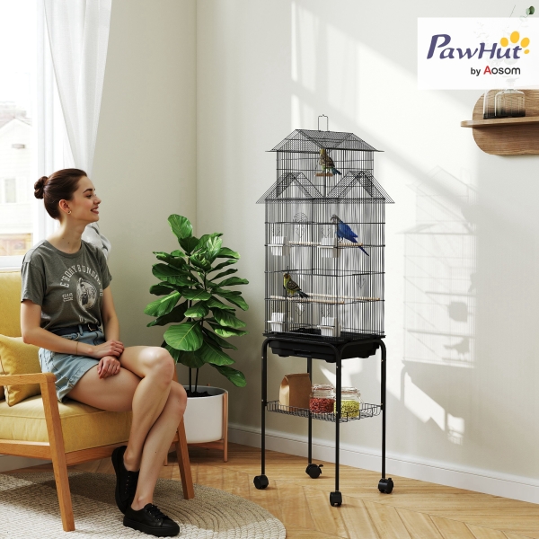 PawHut Gaiola de Metal para Pássaros com Bandeja Amovível Rodas 4 Comedouros 3 Poleiros e 1 Baloiço 50,5x41x163 cm Preto - Image 2