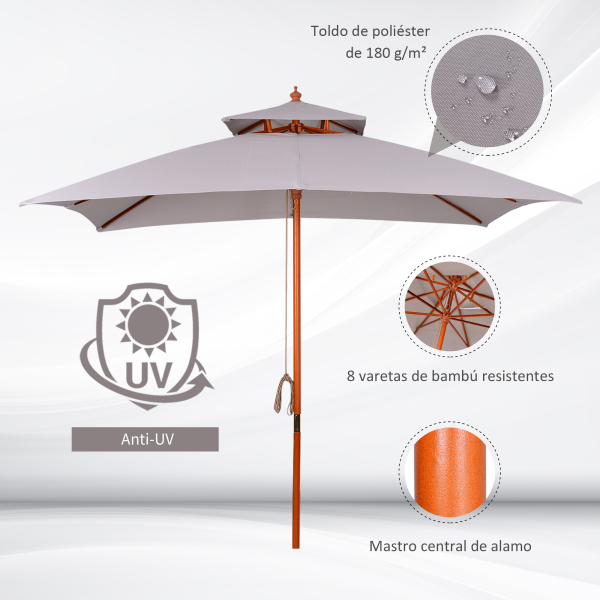 Outsunny Chapéu de Sol de Jardim com Teto Duplo Sistema de Polia Toldo de Poliéster Impermeável 300x300x297cm Cinza Claro - Image 4