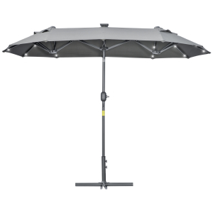 Outsunny Chapéu de Sol Duplo 295x150x219 cm com Luzes LED Solares Teto com Inclinação Ajustável e Manivela Manual para Jardim Cinza