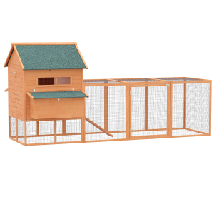 PawHut Galinheiro de madeira ao ar livre Gaiola grande para 8-10 galinhas com compartimento de corredor 2 ninhos telhado de asfalto bandeja removível e rampa 347x160x150 cm laranja