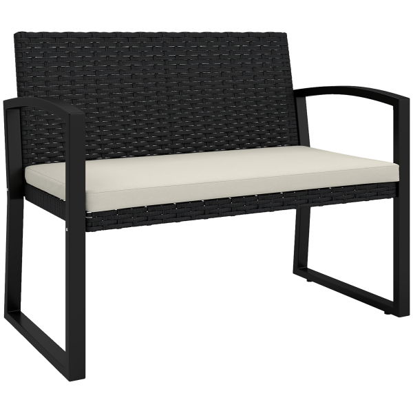 Outsunny Banco de Jardim em Vime Sintético de 2 Lugares Banco de Exterior com Almofada 103x58x78 cm Preto e Bege