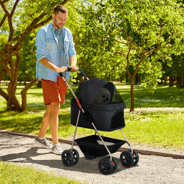 PawHut Carrinho para Cães Dobrável 3 em 1 Carrinho para Cães Miniatura com Cesta de Armazenamento Janela de Malha 76x50x102 cm Preto - Image 2