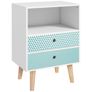 HOMCOM Mesa de Cabeceira com 2 Gavetas e Prateleira Aberta Mesa de Cabeceira Multiuso 45x30x65 cm Branco e Azul