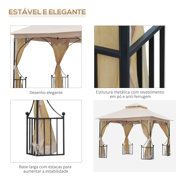 Outsunny Pérgola de jardim 295x295x275cm com 4 cortinas laterais com zíper e telhado duplo com 8 furos de drenagem bege - Image 5