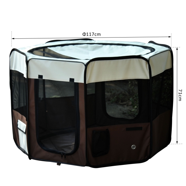 PawHut Parque para Animais de Estimação Dobrável com 2 Portas e Almofada Tecido Oxford Ø117x71 cm Marrom - Image 3