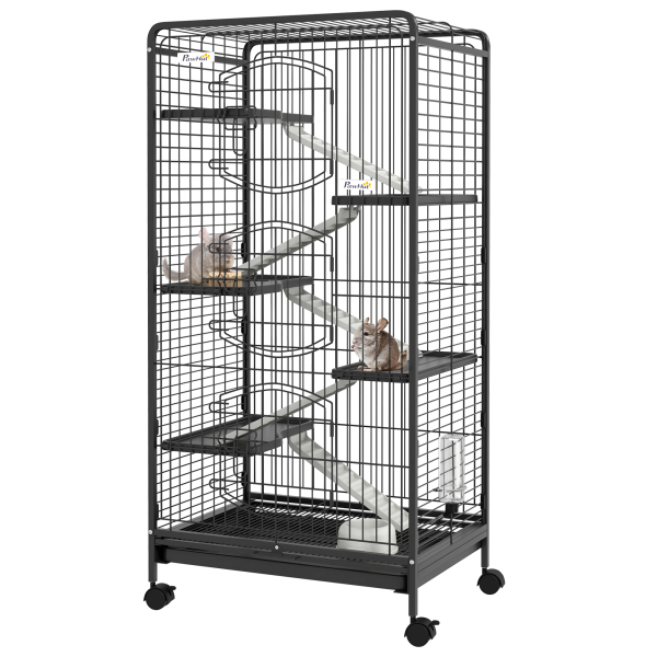 PawHut Gaiola para Pequenos Animais com 6 Níveis Gaiola para Roedores com Rodas Rampa e Bandeja Amovível  64x43,5x131 cm Preto