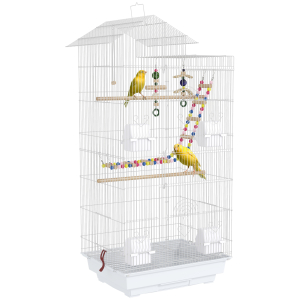 PawHut Gaiola para Passáros de Metal com Portas 4 Comedouros 3 Poleiros Baloiço Escadas e Bandeja Removível  46x36x100 cm Branco