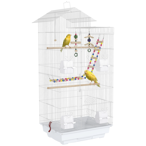 PawHut Gaiola para Passáros de Metal com Portas 4 Comedouros 3 Poleiros Baloiço Escadas e Bandeja Removível  46x36x100 cm Branco